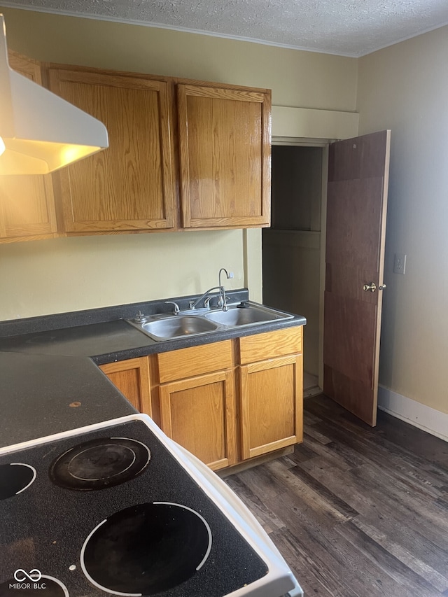 kitchen with electric range oven, dark wood-style floors, exhaust hood, a sink, and a textured ceiling