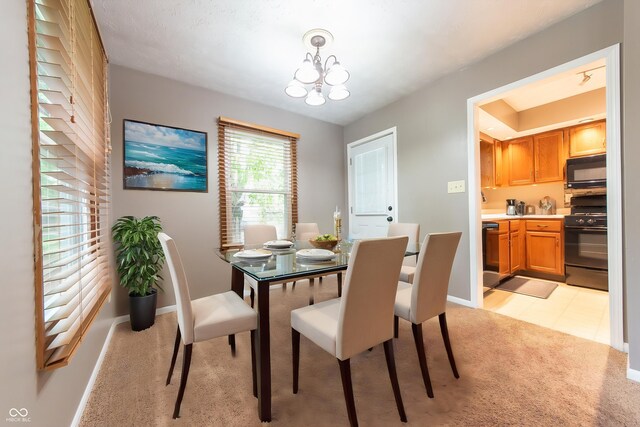 980 Red Maple Ct, Greenwood, IN 46143 - dining area with light colored carpet, a chandelier, and baseboards