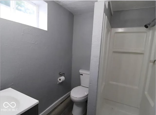bathroom with toilet, a shower, wood finished floors, and vanity
