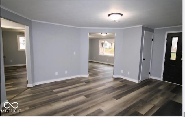 foyer entrance with ornamental molding, a wealth of natural light, baseboards, and dark wood-style floors