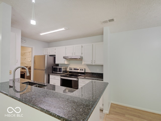 kitchen featuring stainless steel appliances, a sink, under cabinet range hood, light wood finished floors, and white cabinetry
