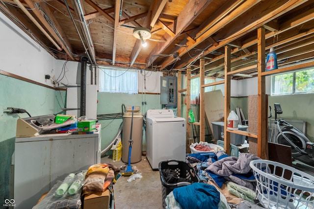 basement with electric panel and independent washer and dryer