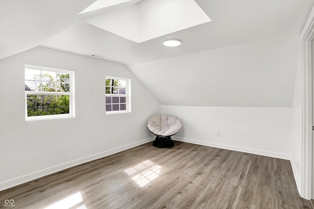 additional living space featuring vaulted ceiling, wood finished floors, a skylight, and baseboards