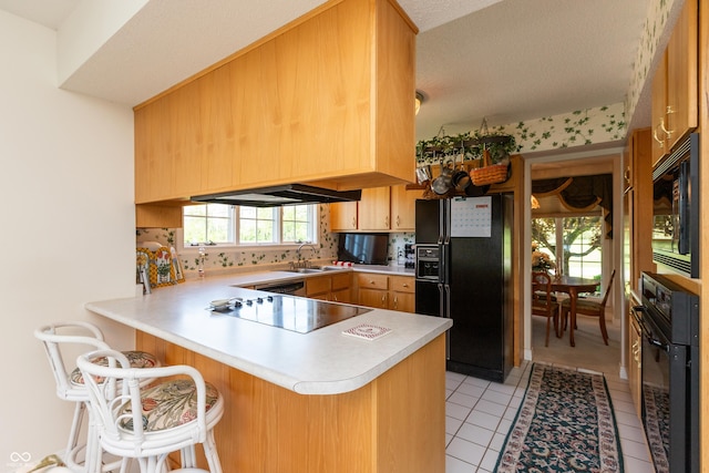 889 E N Shore Dr, Brownstown, IN 47220 - kitchen with black appliances, a sink, a peninsula, light countertops, and light tile patterned floors