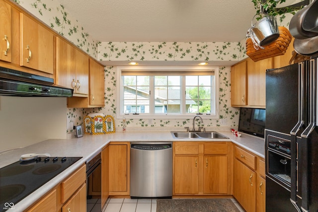 889 E N Shore Dr, Brownstown, IN 47220 - kitchen featuring black appliances, a sink, wallpapered walls, under cabinet range hood, and light countertops