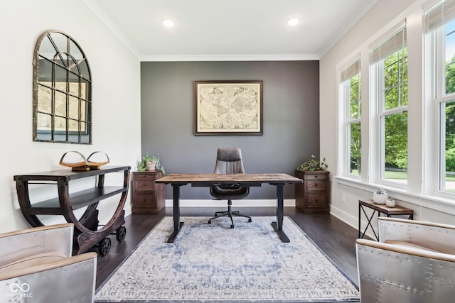 9155 Kerwood Dr, Indianapolis, IN 46240 - home office featuring dark wood-style floors, crown molding, baseboards, and recessed lighting