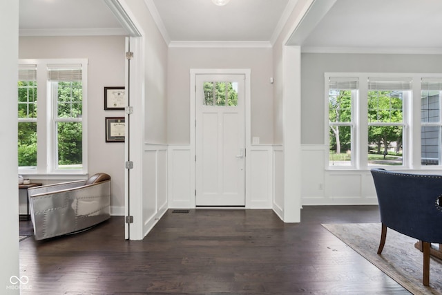 9155 Kerwood Dr, Indianapolis, IN 46240 - foyer entrance featuring plenty of natural light, wainscoting, dark wood-style flooring, a decorative wall, and ornamental molding