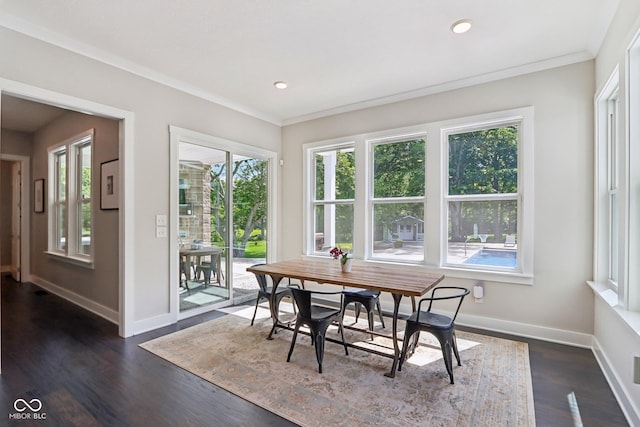 9155 Kerwood Dr, Indianapolis, IN 46240 - dining room featuring baseboards, dark wood-style floors, ornamental molding, and recessed lighting
