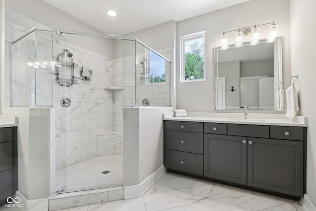 9155 Kerwood Dr, Indianapolis, IN 46240 - full bath featuring marble finish floors, vanity, a shower stall, and baseboards
