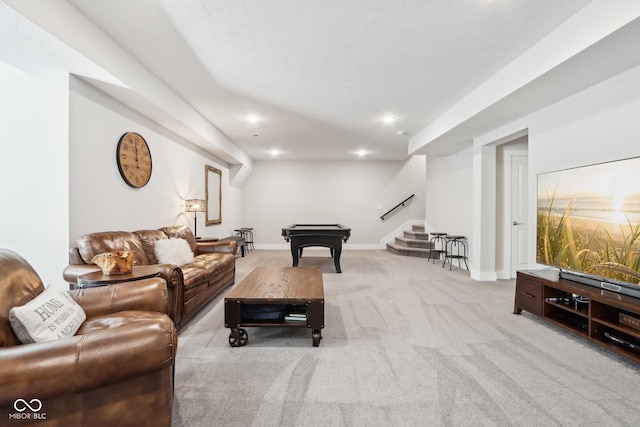 9155 Kerwood Dr, Indianapolis, IN 46240 - carpeted living room featuring stairway, recessed lighting, and billiards