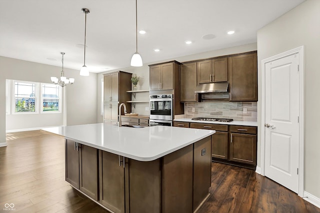 6153 Dugan Dr, Whitestown, IN 46075 - kitchen with a sink, open shelves, stainless steel appliances, decorative backsplash, and light countertops