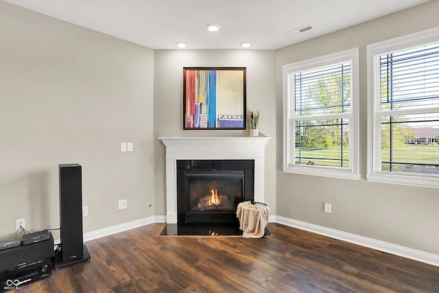 6153 Dugan Dr, Whitestown, IN 46075 - living area featuring wood finished floors, baseboards, a fireplace with flush hearth, and recessed lighting