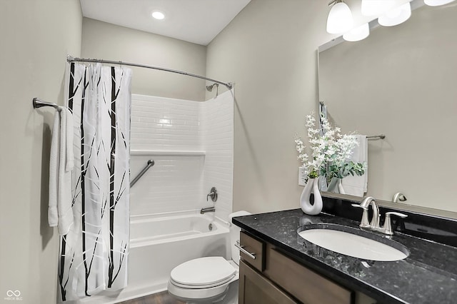 6153 Dugan Dr, Whitestown, IN 46075 - bathroom featuring shower / bath combo with shower curtain, toilet, and vanity