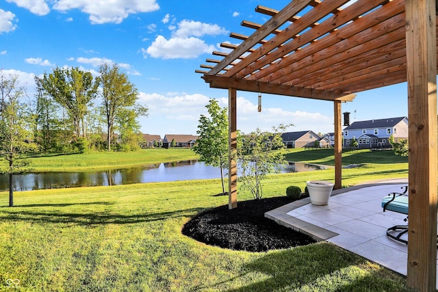 6153 Dugan Dr, Whitestown, IN 46075 - view of grassy yard with a water view, a pergola, and a patio