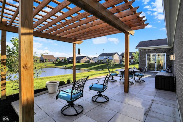 6153 Dugan Dr, Whitestown, IN 46075 - view of patio with a pergola, outdoor dining area, a water view, and a residential view