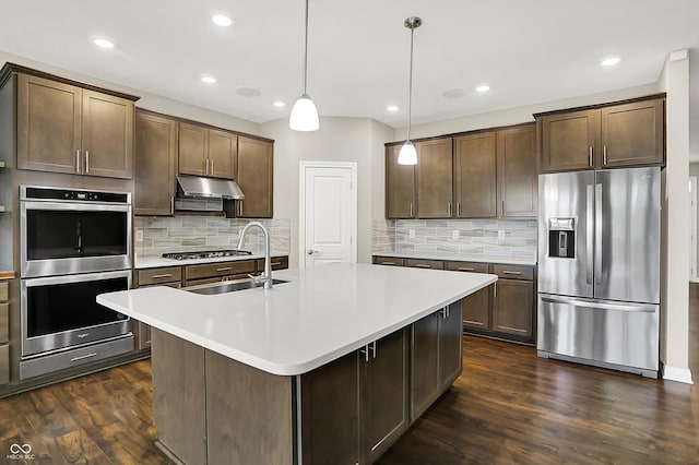 6153 Dugan Dr, Whitestown, IN 46075 - kitchen with appliances with stainless steel finishes, a sink, under cabinet range hood, dark wood-style floors, and recessed lighting