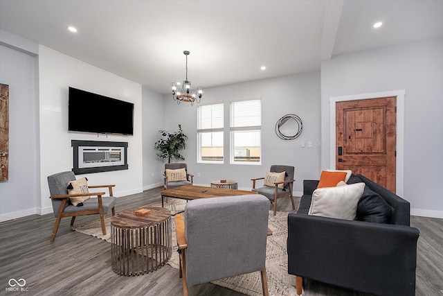 1009 Harrison St, Indianapolis, IN 46202 - living room with dark wood-style floors, baseboards, a chandelier, and recessed lighting