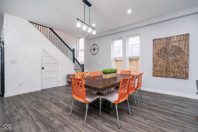 1009 Harrison St, Indianapolis, IN 46202 - dining space with stairway, dark wood-type flooring, baseboards, and recessed lighting