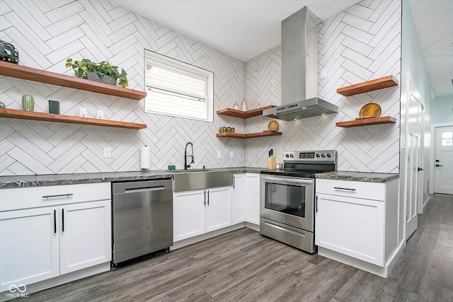 1009 Harrison St, Indianapolis, IN 46202 - kitchen with open shelves, stainless steel appliances, a sink, wall chimney exhaust hood, and backsplash