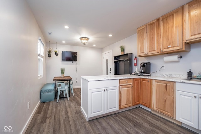 1009 Harrison St, Indianapolis, IN 46202 - kitchen with a peninsula, recessed lighting, dark wood-style floors, baseboards, and light stone countertops