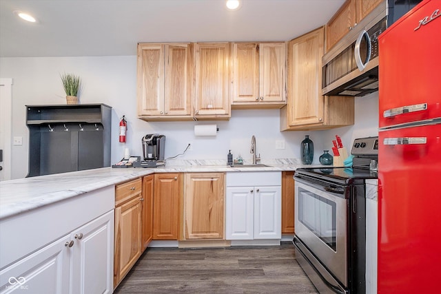 1009 Harrison St, Indianapolis, IN 46202 - kitchen with stainless steel appliances, a sink, recessed lighting, dark wood-style floors, and light stone countertops