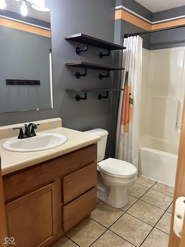 full bathroom with tile patterned flooring, vanity, toilet, and shower / tub combo with curtain