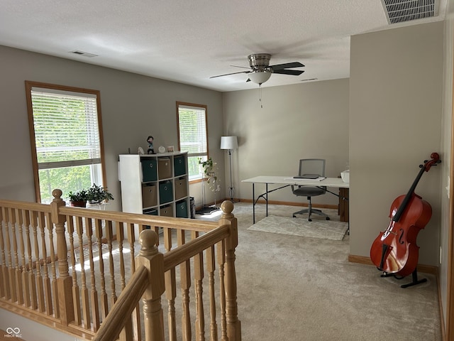 office area featuring carpet flooring, a ceiling fan, baseboards, and a textured ceiling