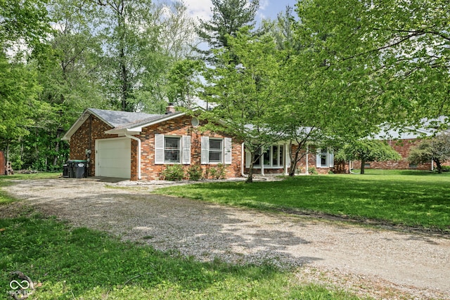 single story home featuring an attached garage, dirt driveway, a chimney, a front yard, and brick siding