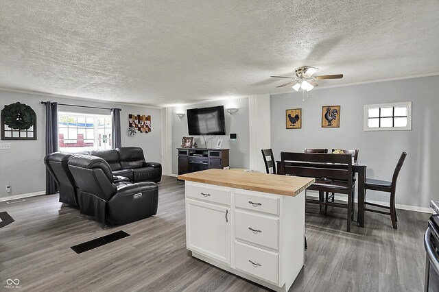 kitchen featuring wood counters, ceiling fan, wood finished floors, a textured ceiling, and open floor plan