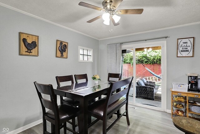 dining space featuring wood finished floors, crown molding, baseboards, a ceiling fan, and a textured ceiling