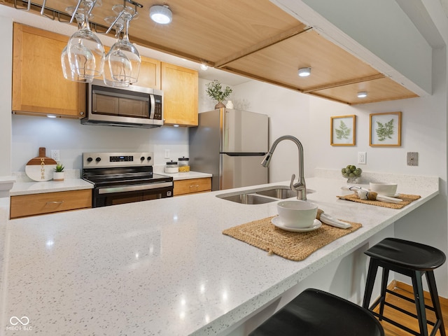 kitchen with appliances with stainless steel finishes, a sink, light stone counters, a peninsula, and a kitchen bar