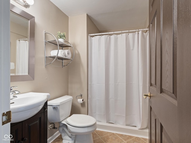 full bathroom with vanity, toilet, curtained shower, and tile patterned floors