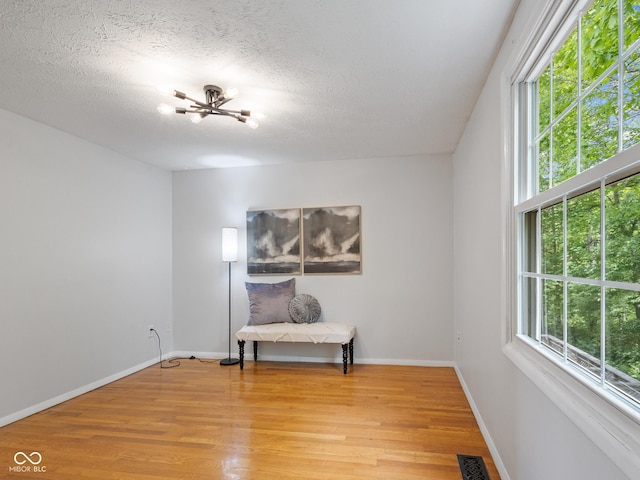 sitting room featuring light wood-type flooring, a textured ceiling, and baseboards