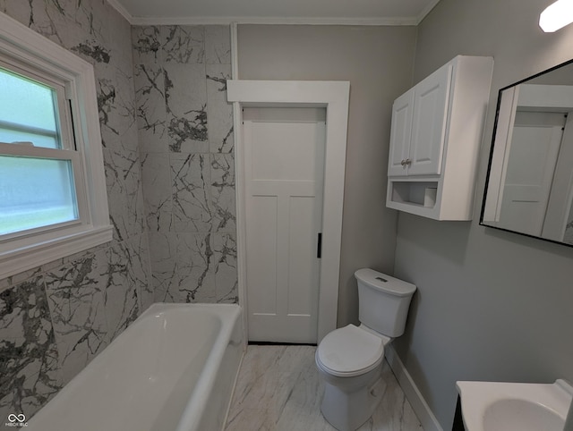 1009 Chestnut St, Anderson, IN 46012 - full bathroom with ornamental molding, toilet, tile walls, vanity, and washtub / shower combination