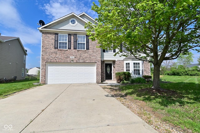 traditional-style house featuring concrete driveway, a front yard, brick siding, and an attached garage