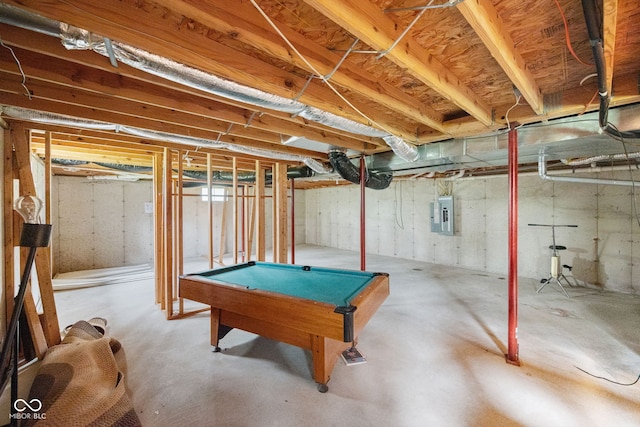 playroom with electric panel, concrete flooring, and billiards