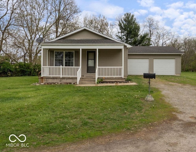 view of front of house featuring a porch, a garage, a front yard, a shingled roof, and dirt driveway