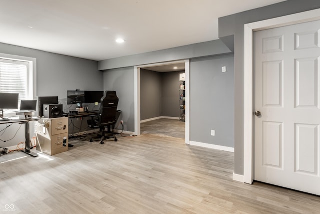 office area featuring wood finished floors, baseboards, and recessed lighting