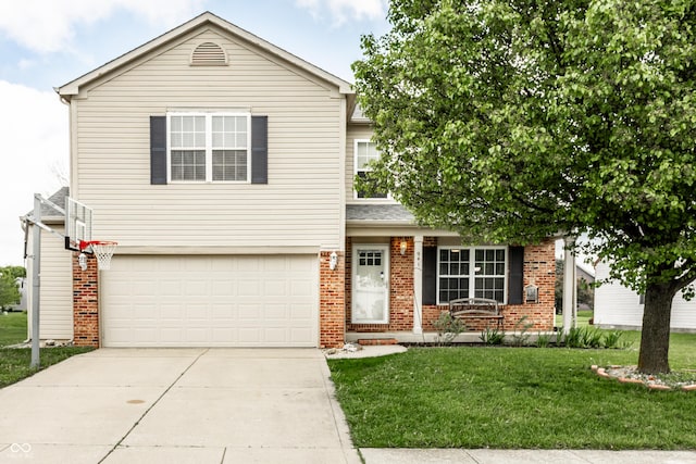 view of front facade with brick siding, an attached garage, concrete driveway, and a front yard