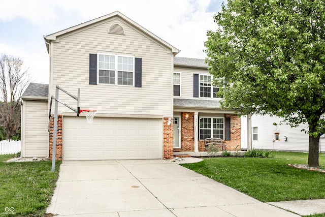 traditional home featuring brick siding, an attached garage, a front yard, driveway, and roof with shingles
