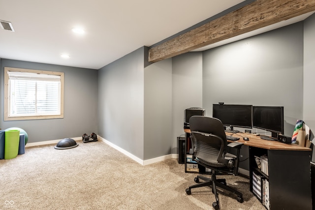 office area with carpet floors, baseboards, and recessed lighting