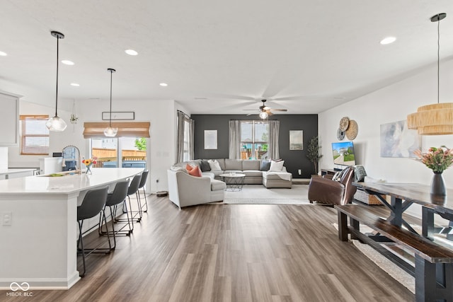 1289 Sunset Blvd, Avon, IN 46123 - living area featuring wood finished floors, a ceiling fan, recessed lighting, and baseboards