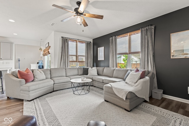 1289 Sunset Blvd, Avon, IN 46123 - living room featuring wood finished floors, a ceiling fan, baseboards, and recessed lighting
