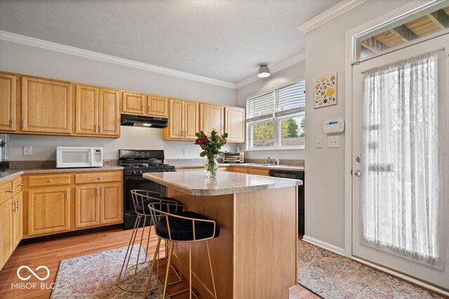 2405 N Park Ave, Indianapolis, IN 46205 - kitchen featuring white microwave, black range with gas stovetop, under cabinet range hood, a sink, and light wood finished floors