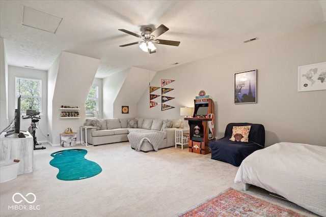 2405 N Park Ave, Indianapolis, IN 46205 - carpeted bedroom with ceiling fan, a textured ceiling, and attic access