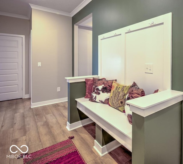 mudroom featuring wood finished floors, crown molding, and baseboards