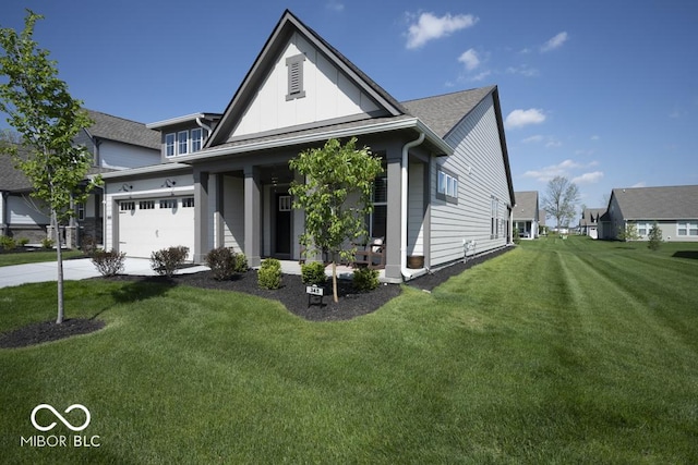 view of front facade featuring concrete driveway, a front lawn, board and batten siding, an attached garage, and covered porch