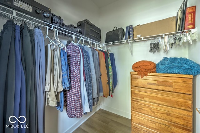 walk in closet with wood finished floors