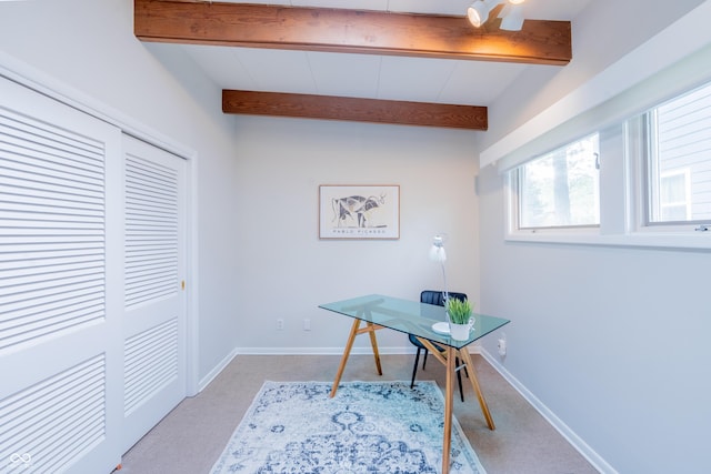 office with light carpet, beamed ceiling, and baseboards