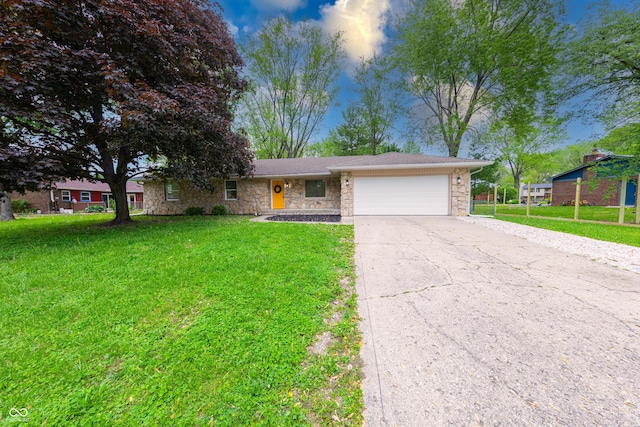 single story home featuring stone siding, an attached garage, driveway, and a front lawn